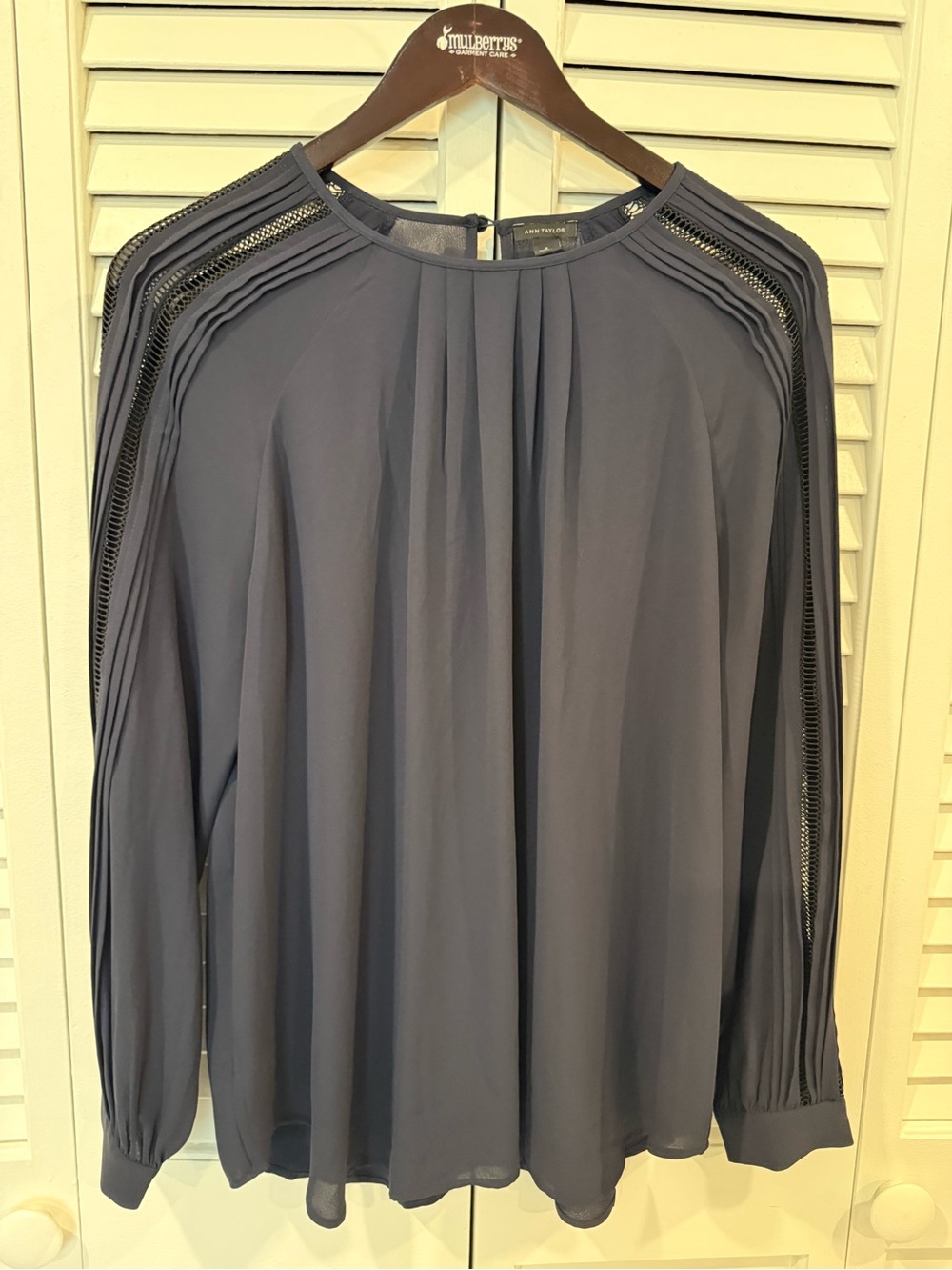 Ann Taylor Slate Blue Pleated Yoke Long-Sleeve Blouse